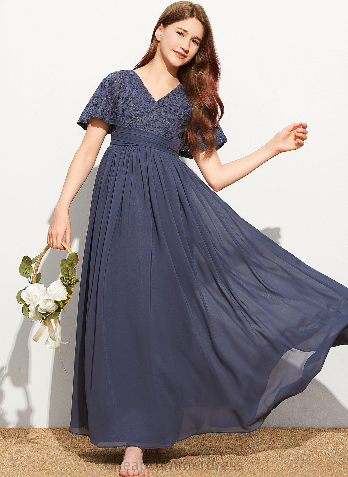 Chiffon Bow(s) Guadalupe A-Line V-neck Junior Bridesmaid Dresses Floor-Length With Lace
