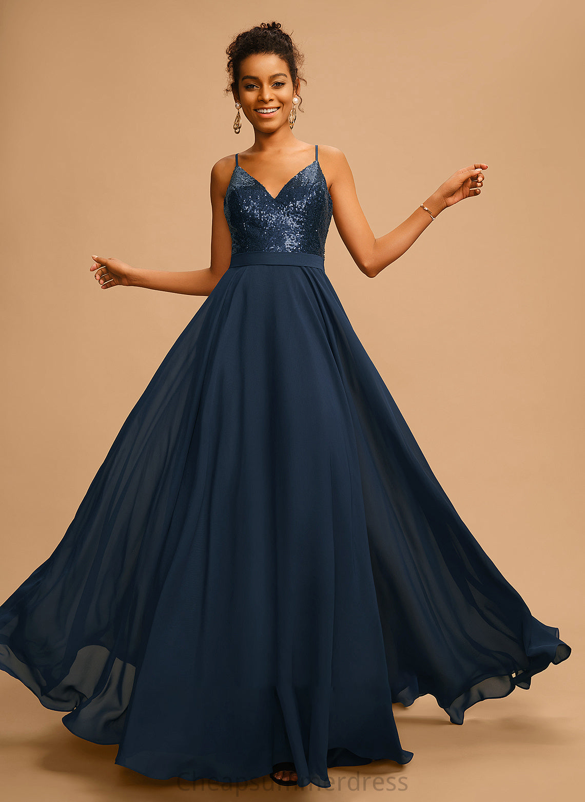 A-Line Prom Dresses With V-neck Floor-Length Chiffon Sequins Francesca