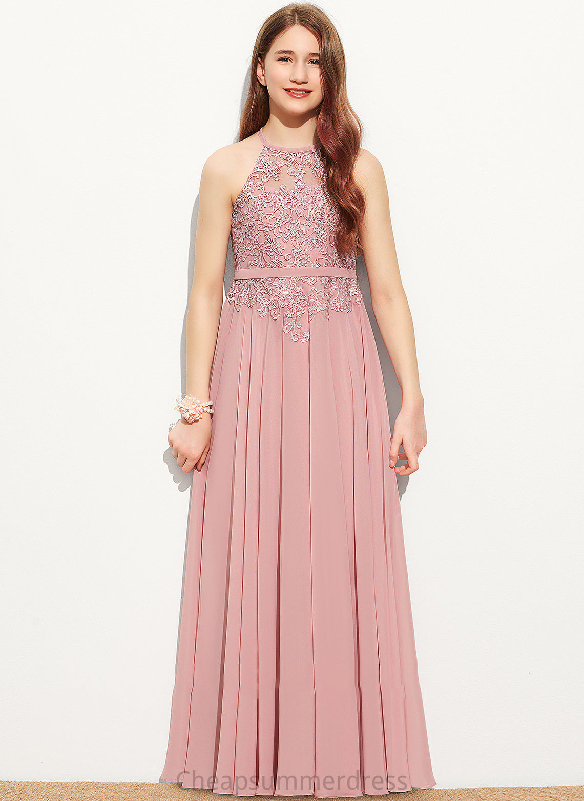 Scoop Junior Bridesmaid Dresses Lace Chiffon A-Line Neck Heaven Floor-Length