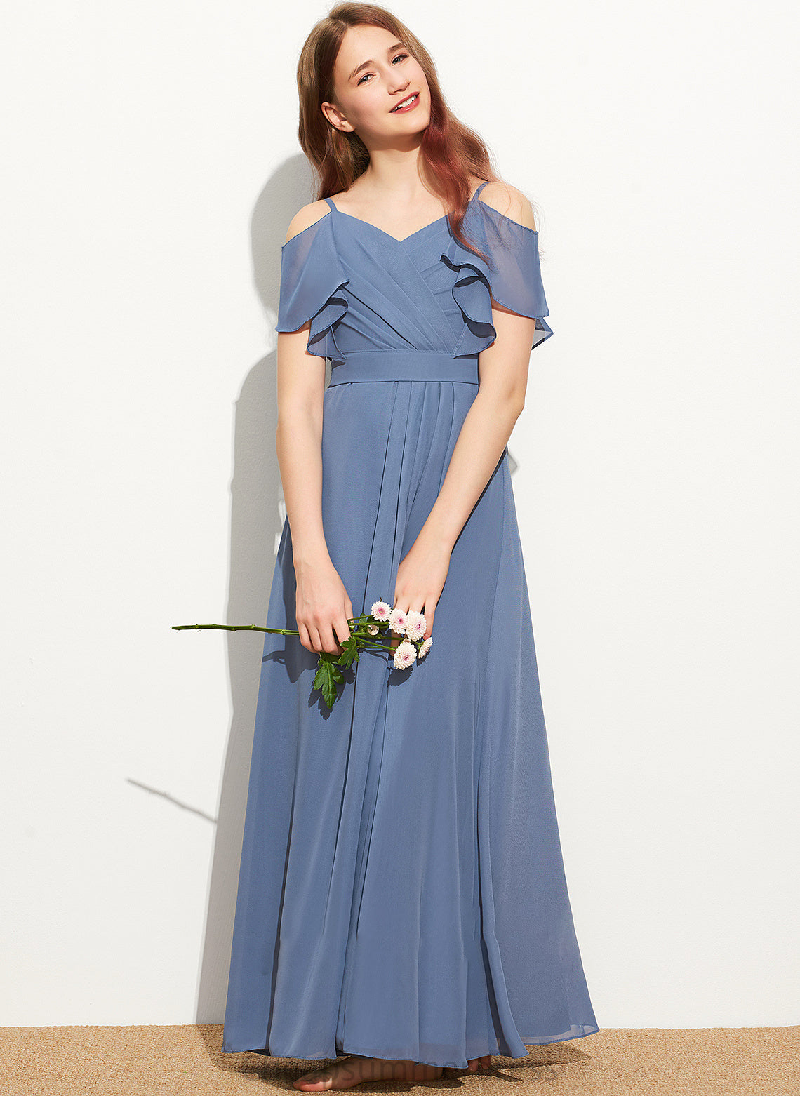 With Eileen Chiffon Ruffle Floor-Length A-Line Junior Bridesmaid Dresses Bow(s) Off-the-Shoulder