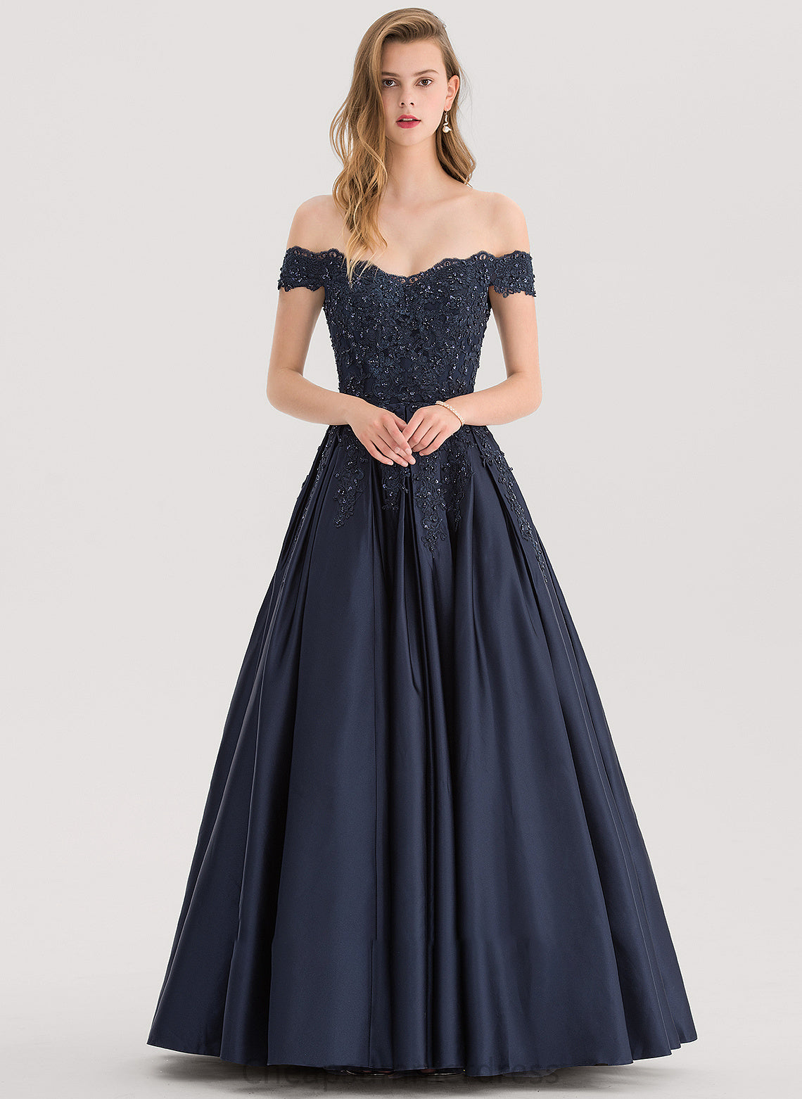 Beading Off-the-Shoulder Prom Dresses Ball-Gown/Princess With Sequins Satin Floor-Length Jade