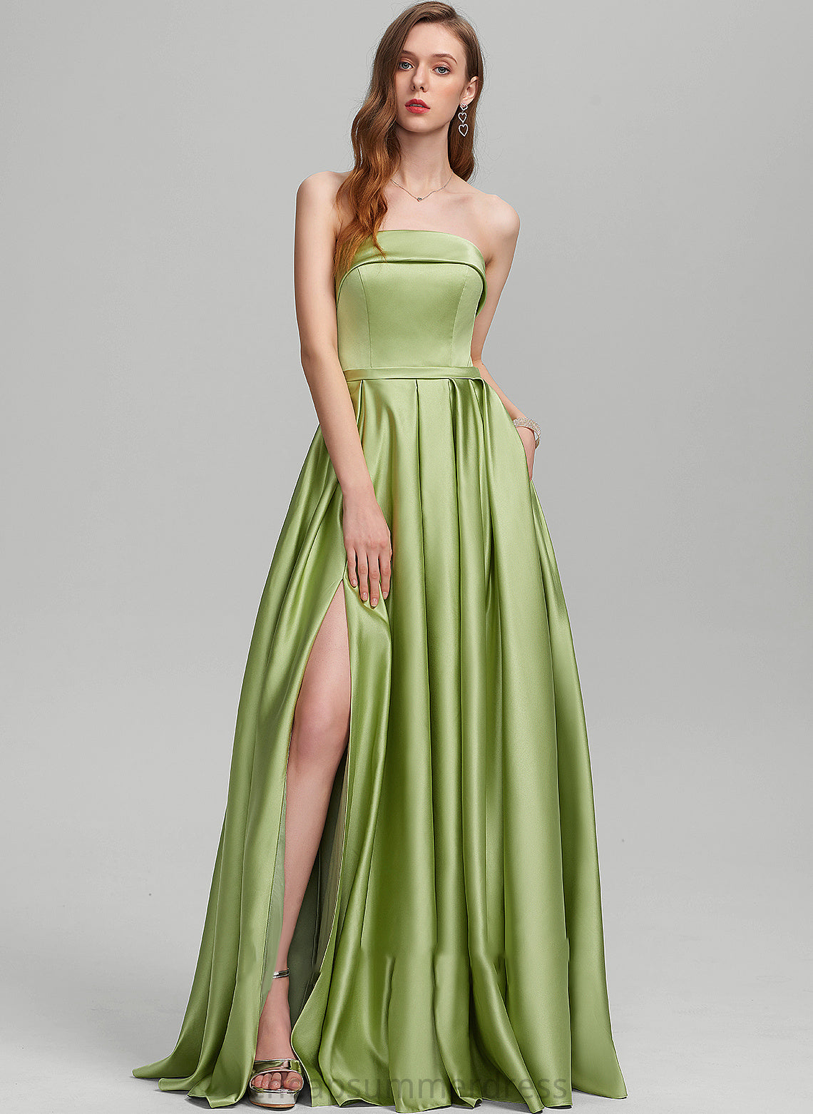 With Floor-Length Pockets Split Strapless Amelia Front Prom Dresses Satin Ball-Gown/Princess