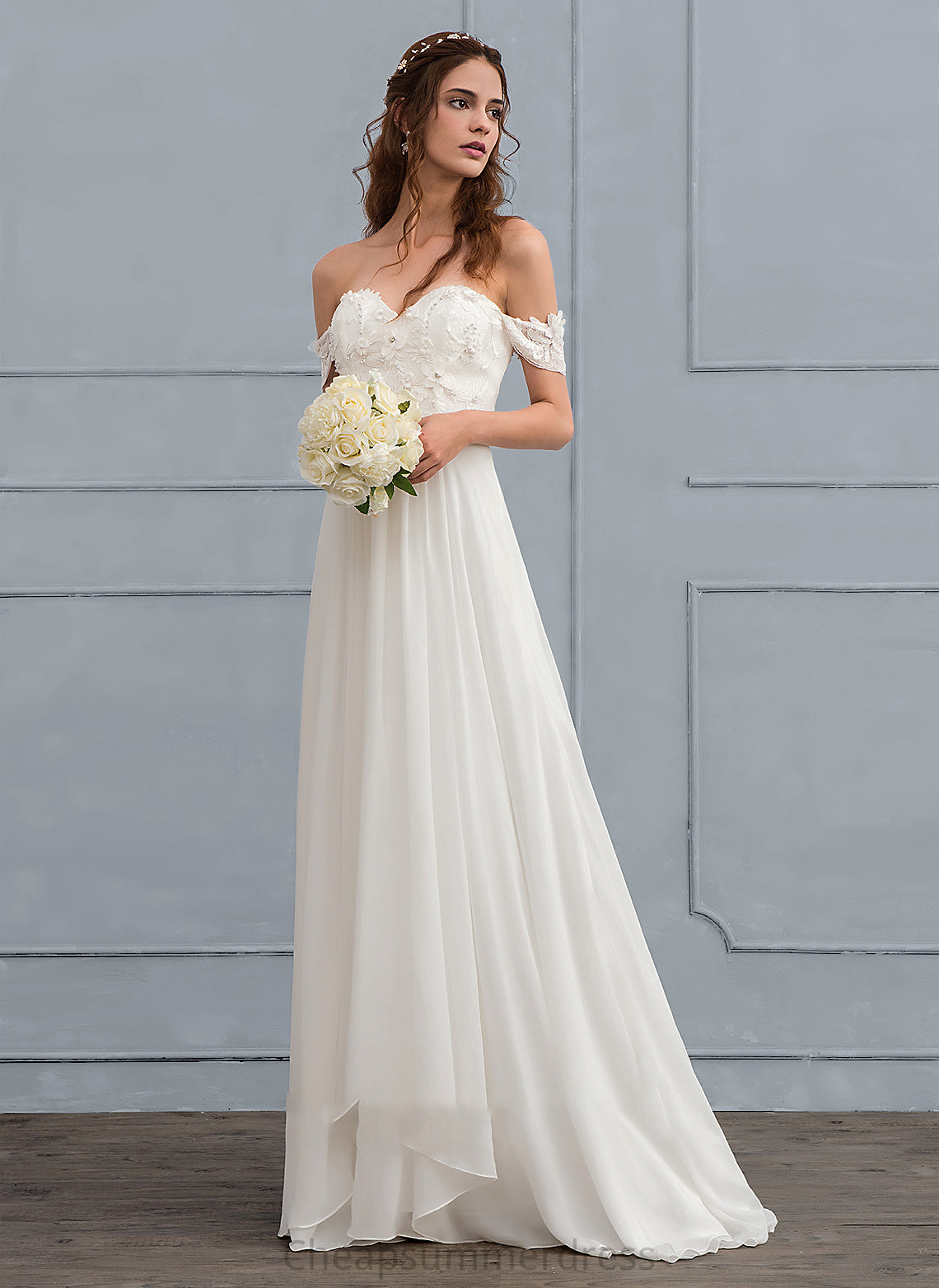 Train Wedding Chiffon Wedding Dresses Sweep Beading Flower(s) Dress With A-Line Lace Alyvia