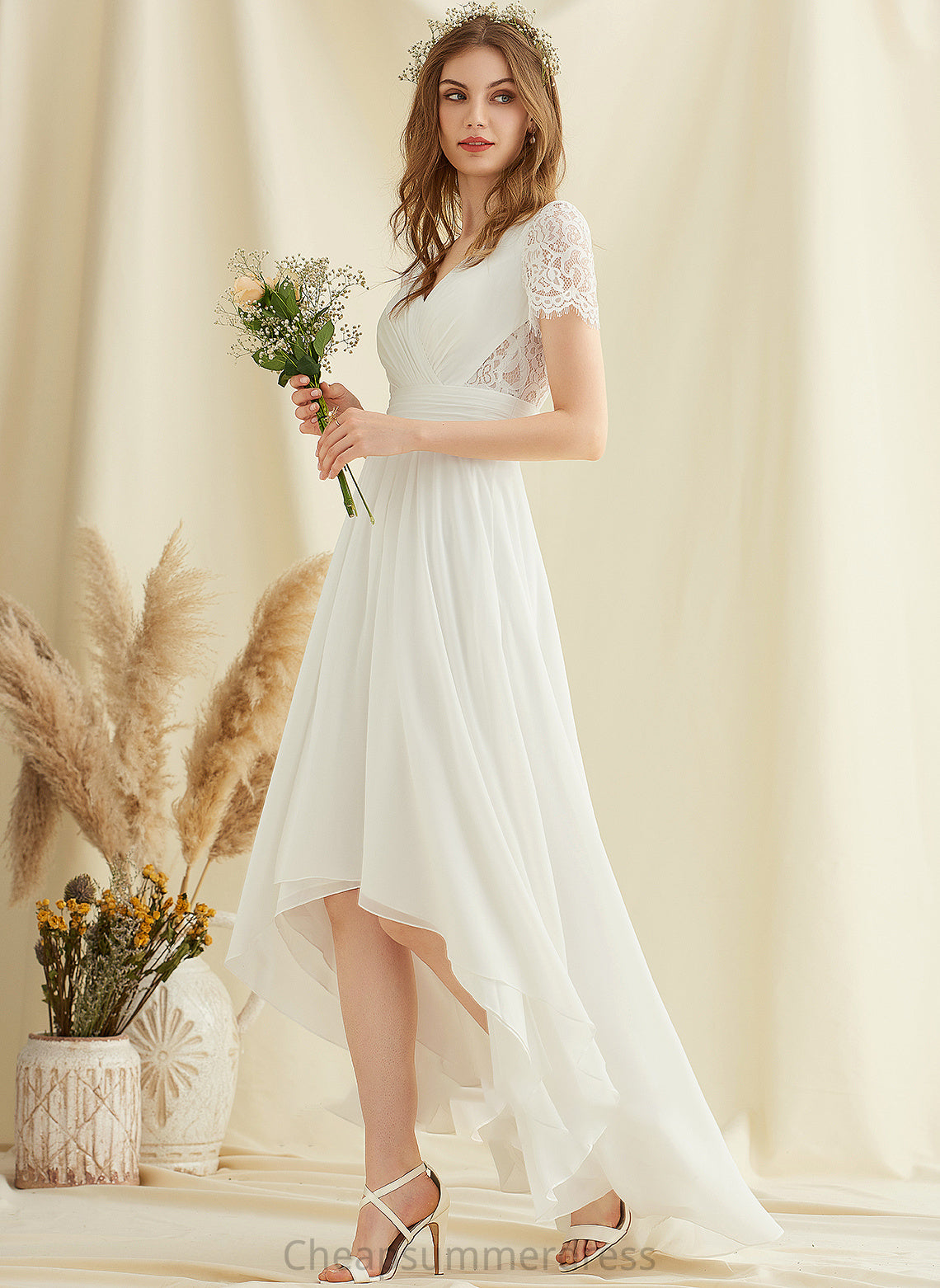 Lace Chiffon V-neck Wedding Dresses Wedding Asymmetrical A-Line Dress Lilia