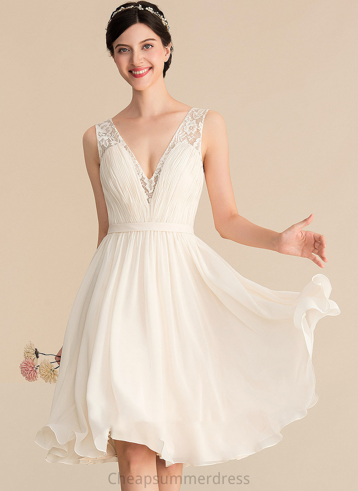 Chiffon With Wedding Dresses Jaylee Knee-Length A-Line Wedding Lace V-neck Dress Ruffle