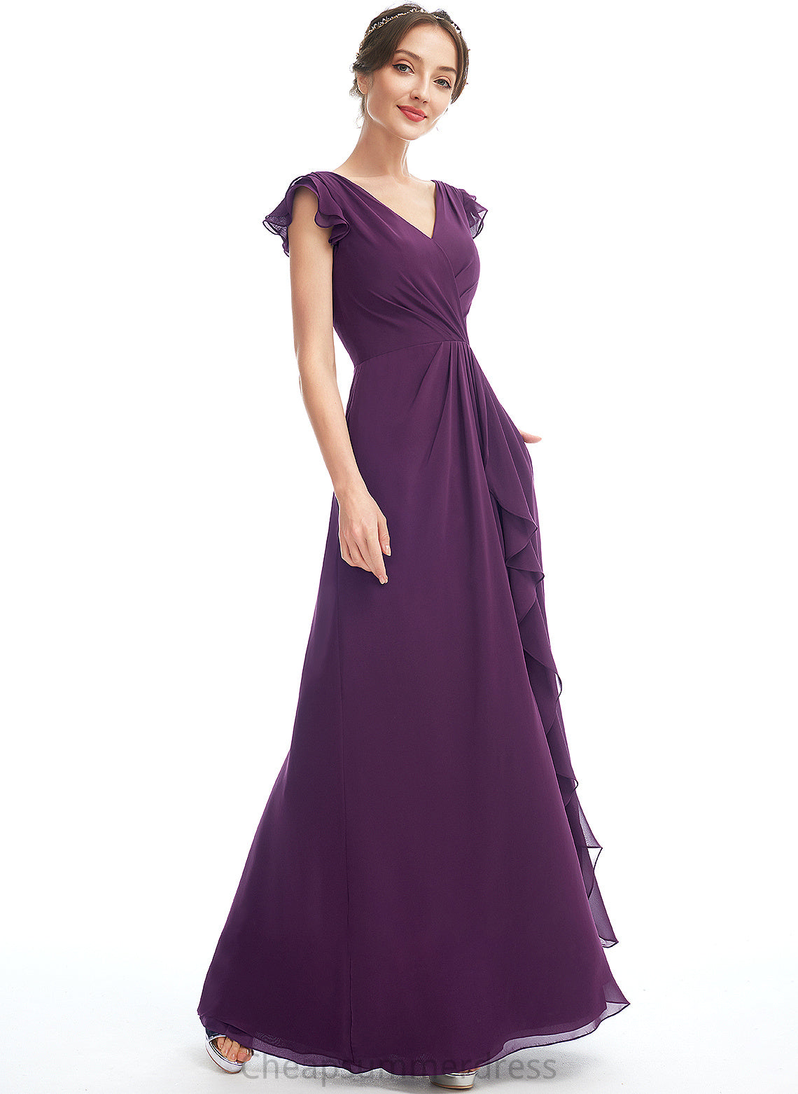 Fabric Floor-Length Neckline A-Line Silhouette Ruffle Length Pockets Embellishment V-neck Julianne A-Line/Princess