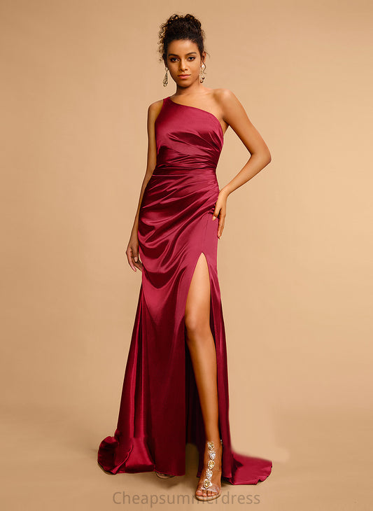 Prom Dresses Sweep One-Shoulder Sheath/Column Front Split With Train Satin Jaelynn Pleated