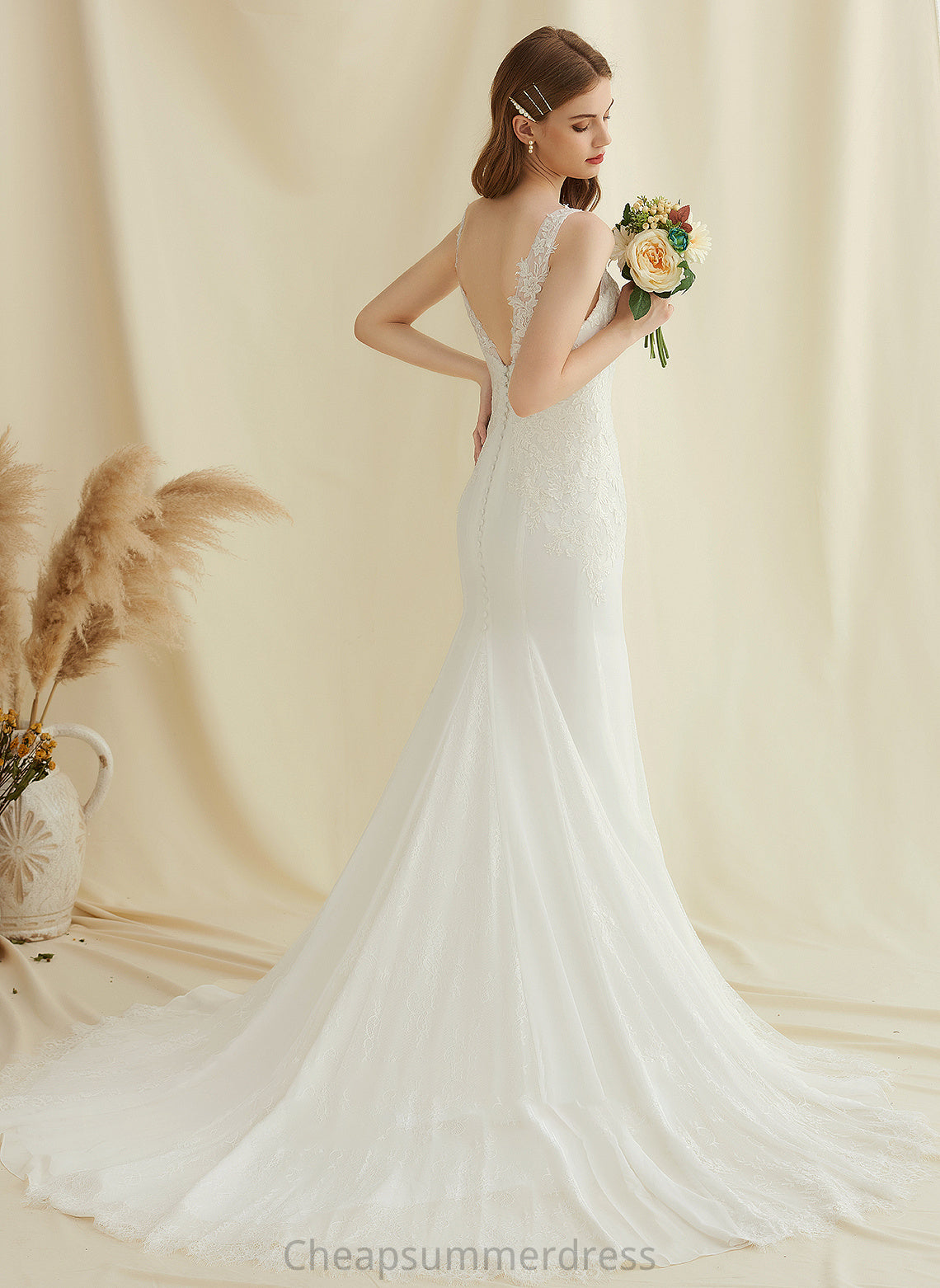 Lena Dress Court Lace Wedding Chiffon Train Trumpet/Mermaid V-neck Wedding Dresses