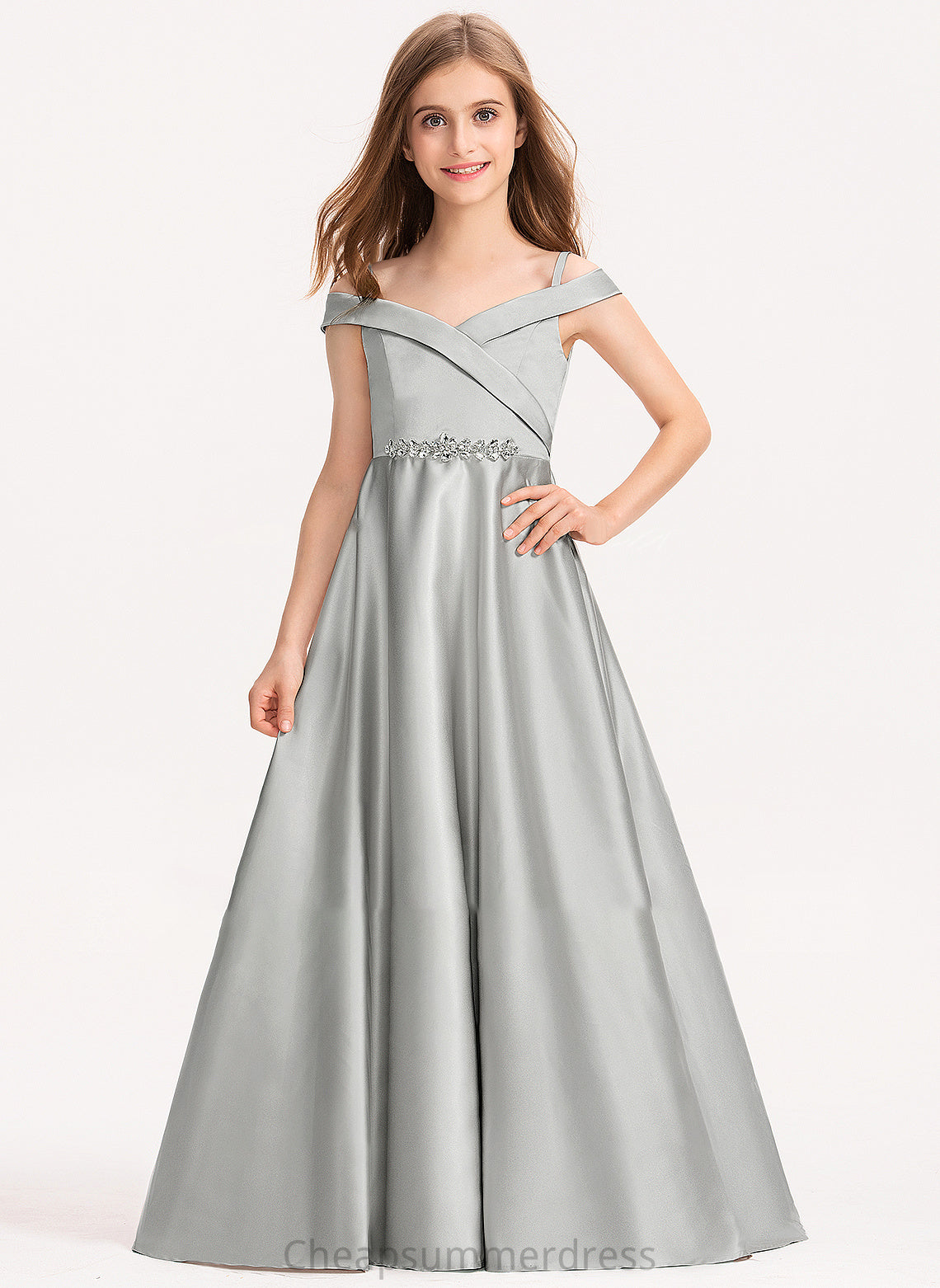 Ball-Gown/Princess Floor-Length Junior Bridesmaid Dresses Off-the-Shoulder Satin Makena