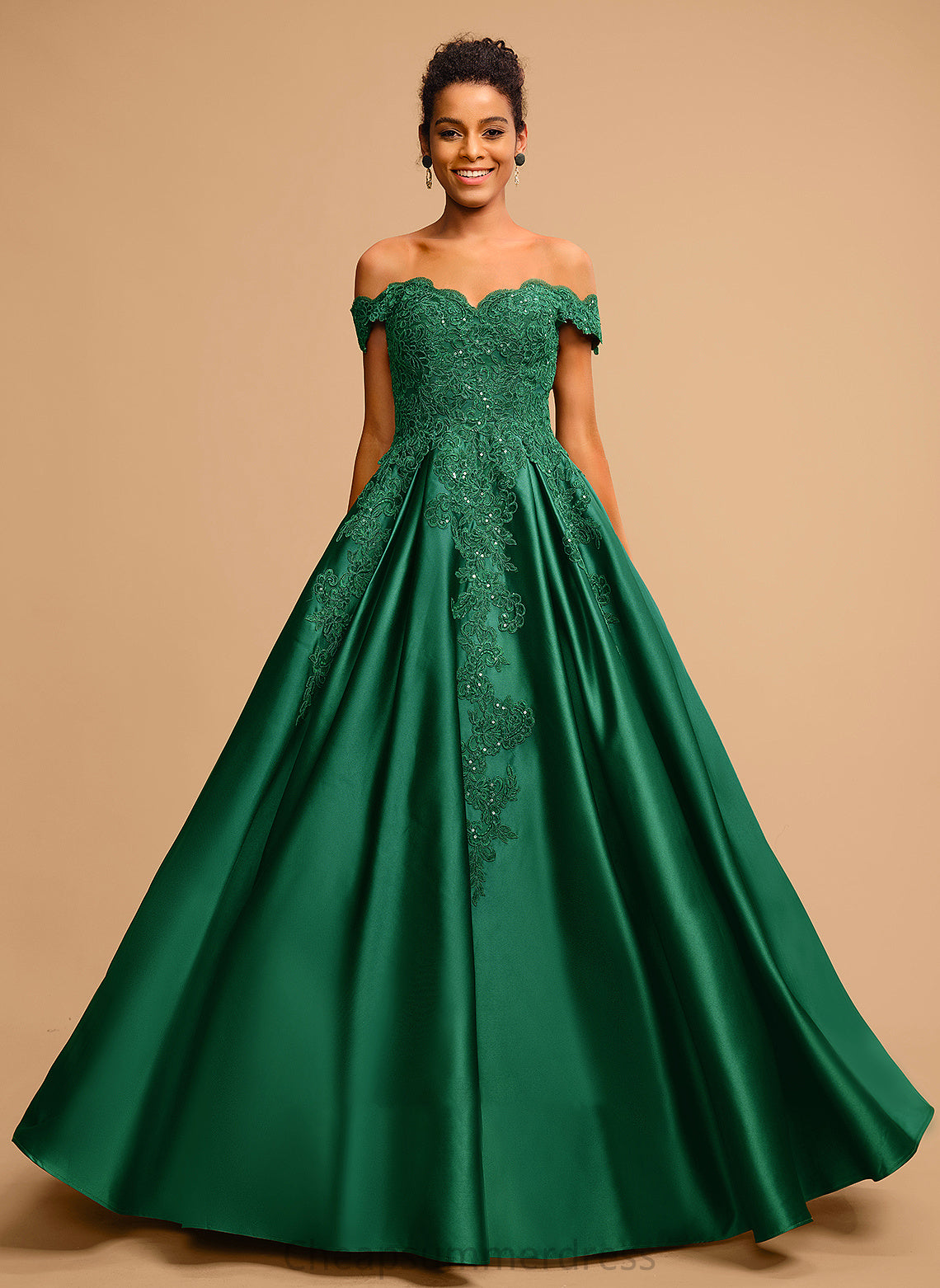 Ball-Gown/Princess Annabel With Prom Dresses Off-the-Shoulder Satin Sequins Floor-Length