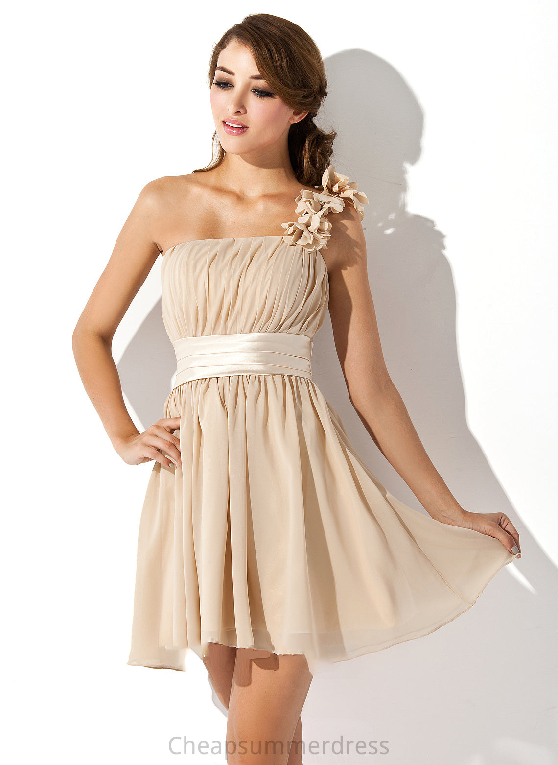 Length A-Line Fabric One-Shoulder Flower(s) Ruffle Embellishment Neckline Bow(s) Silhouette Short/Mini Anabel