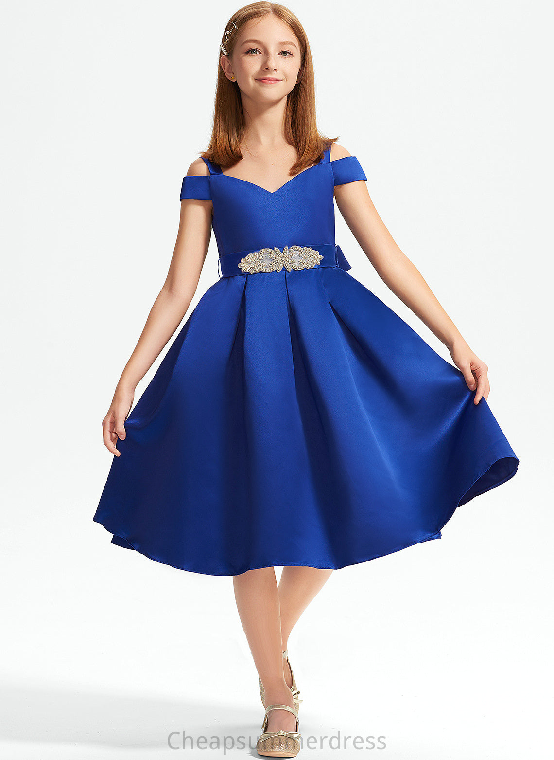 A-Line Junior Bridesmaid Dresses Bow(s) Breanna Off-the-Shoulder Satin Beading With Knee-Length
