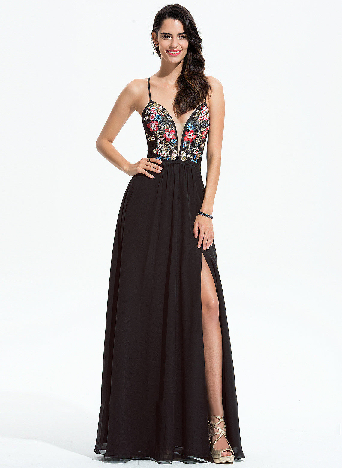 Floor-Length Prom Dresses Lace Janiah Sequins V-neck With A-Line Chiffon