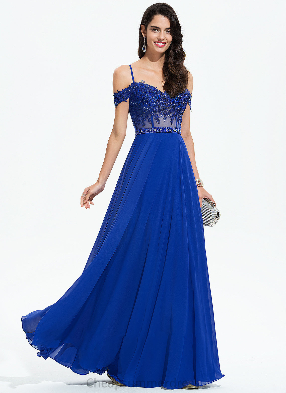 Sweetheart Chiffon Off-the-Shoulder A-Line With Sequins Floor-Length Beading Prom Dresses Maleah