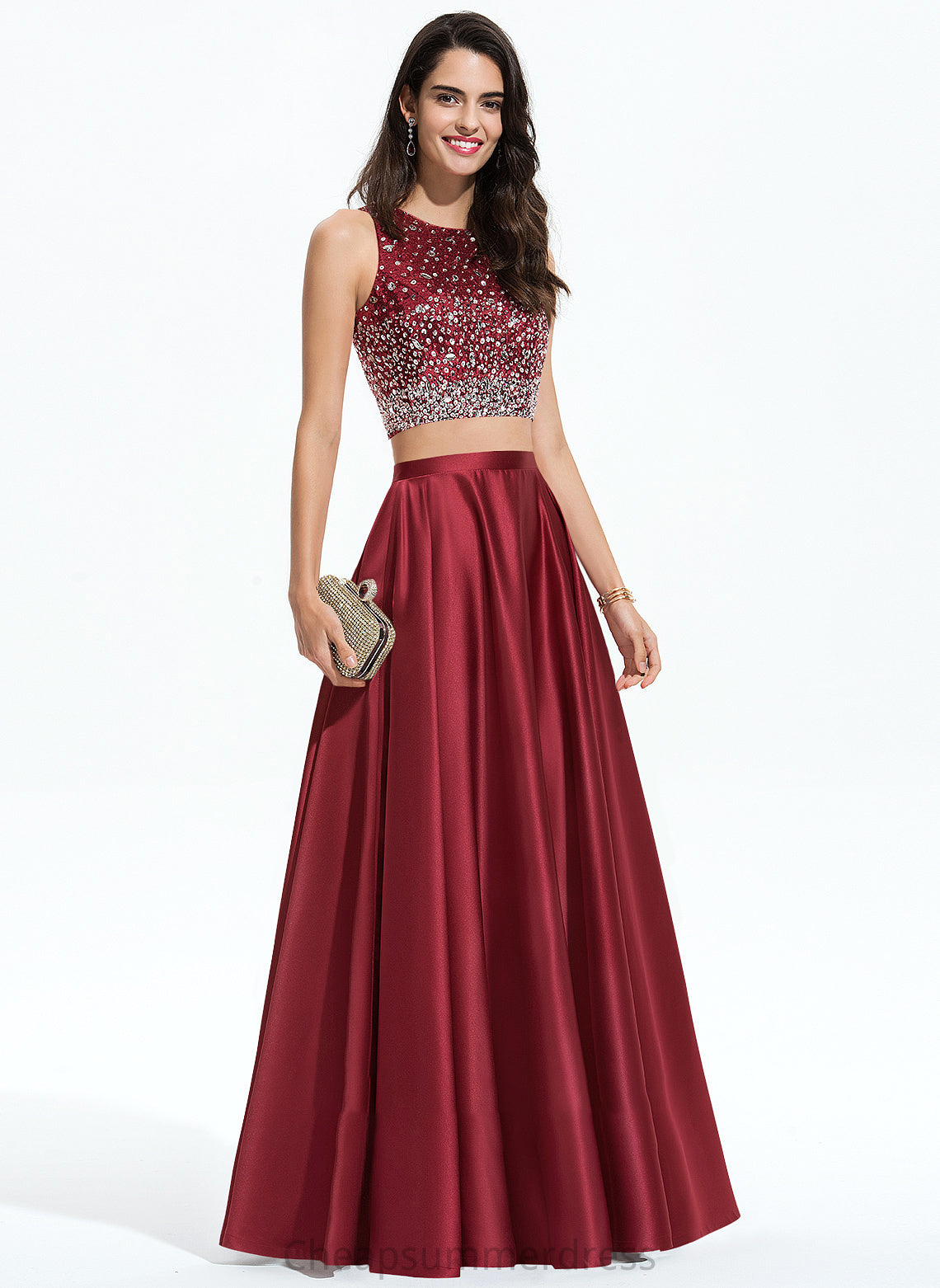 Neck Beading Brielle Prom Dresses Sequins Scoop With A-Line Floor-Length Satin