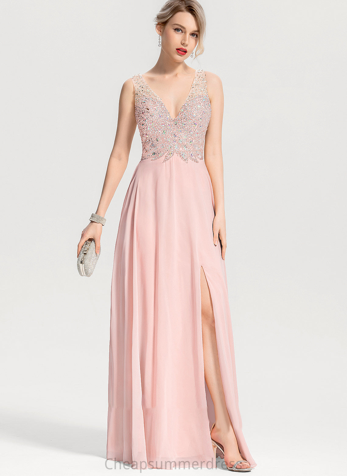 A-Line Charlotte Split Front V-neck Chiffon Sequins With Floor-Length Beading Prom Dresses