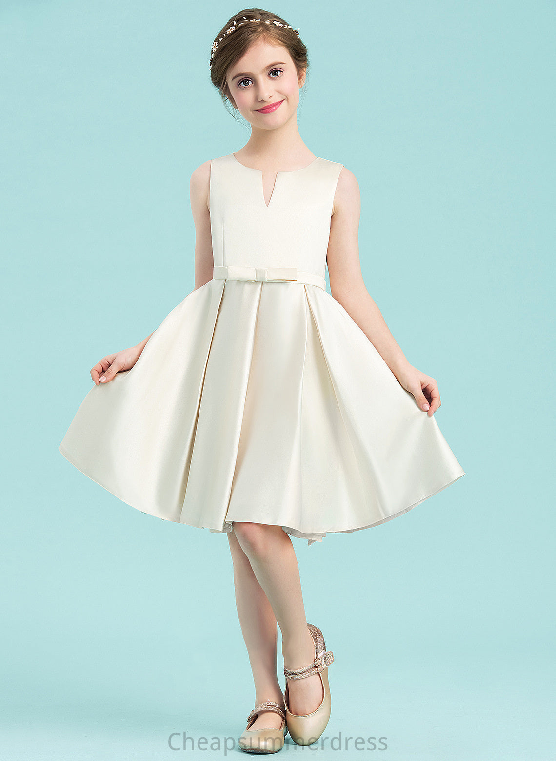 Scoop A-Line Julia Neck Junior Bridesmaid Dresses With Bow(s) Knee-Length Satin