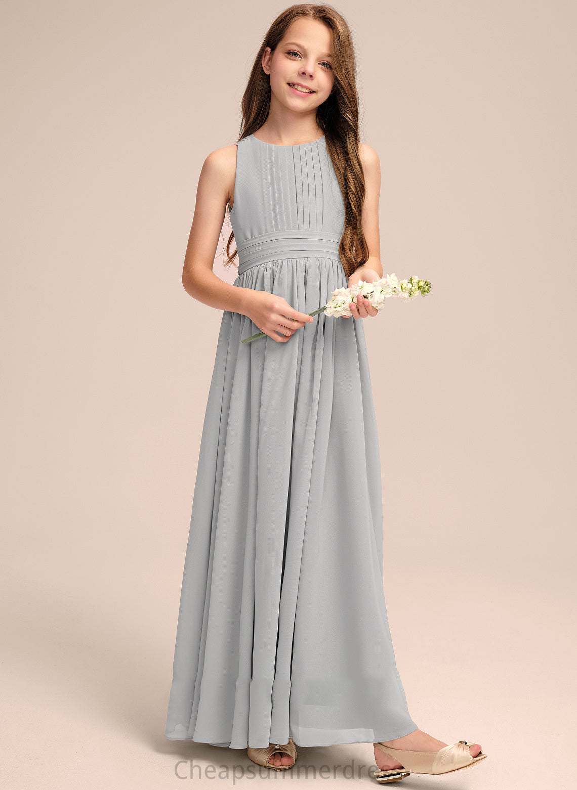 Junior Bridesmaid Dresses Lina Ruffle With Bow(s) Neck Chiffon Scoop Floor-Length A-Line