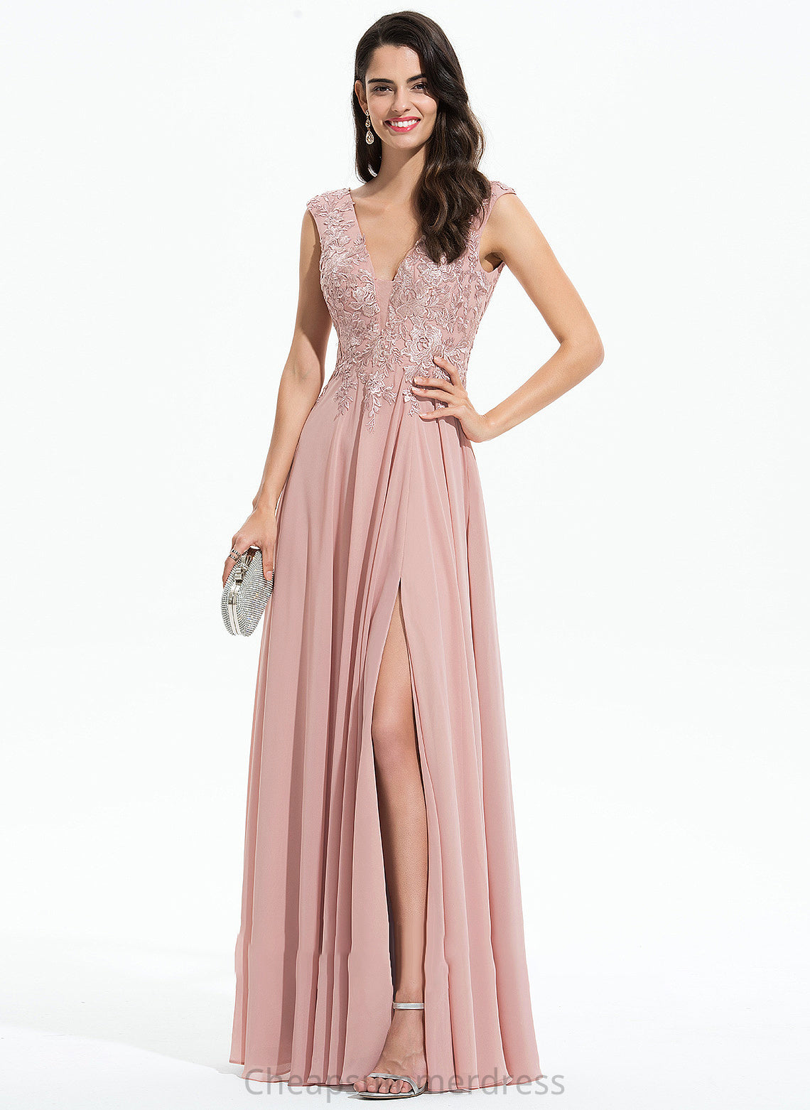 Split Chiffon V-neck Floor-Length Lace Front Prom Dresses With Hayley A-Line
