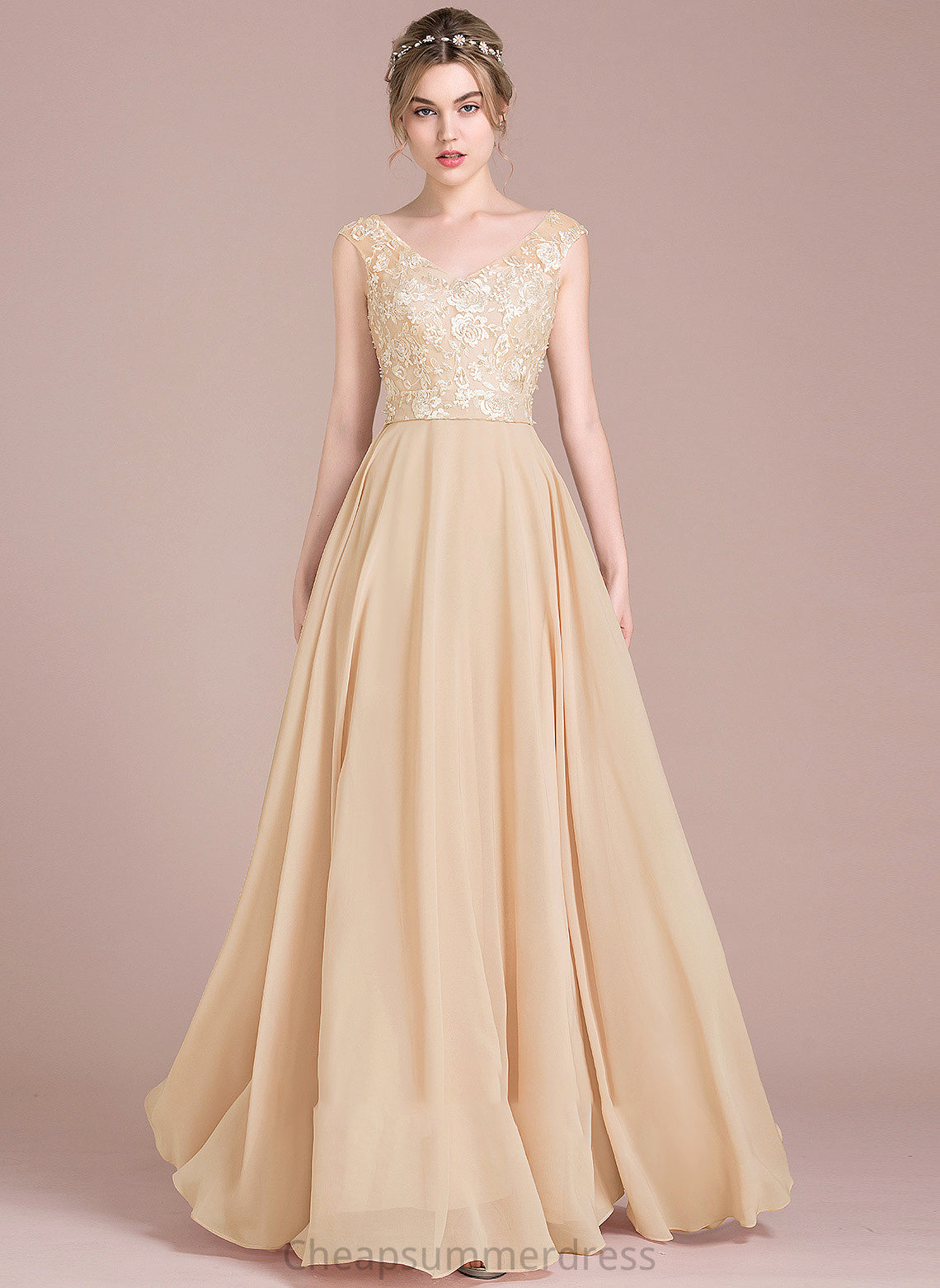 Floor-Length Chiffon A-Line Prom Dresses V-neck Maia Lace