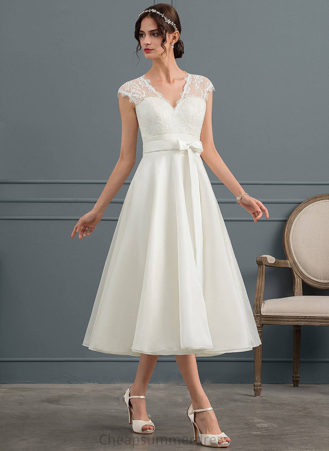 Dress A-Line Wedding Wedding Dresses Tea-Length Bow(s) Monique With Satin V-neck