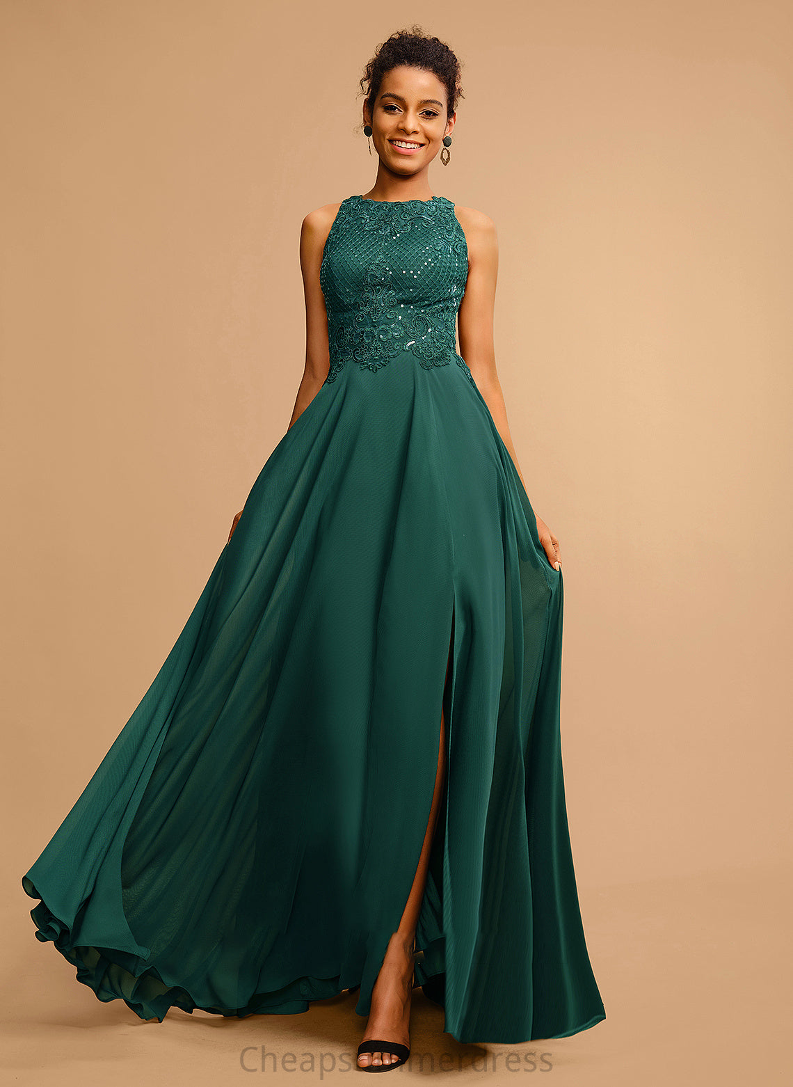 Prom Dresses Scoop With A-Line Floor-Length Front Sequins Lace Alexandria Neck Split Chiffon