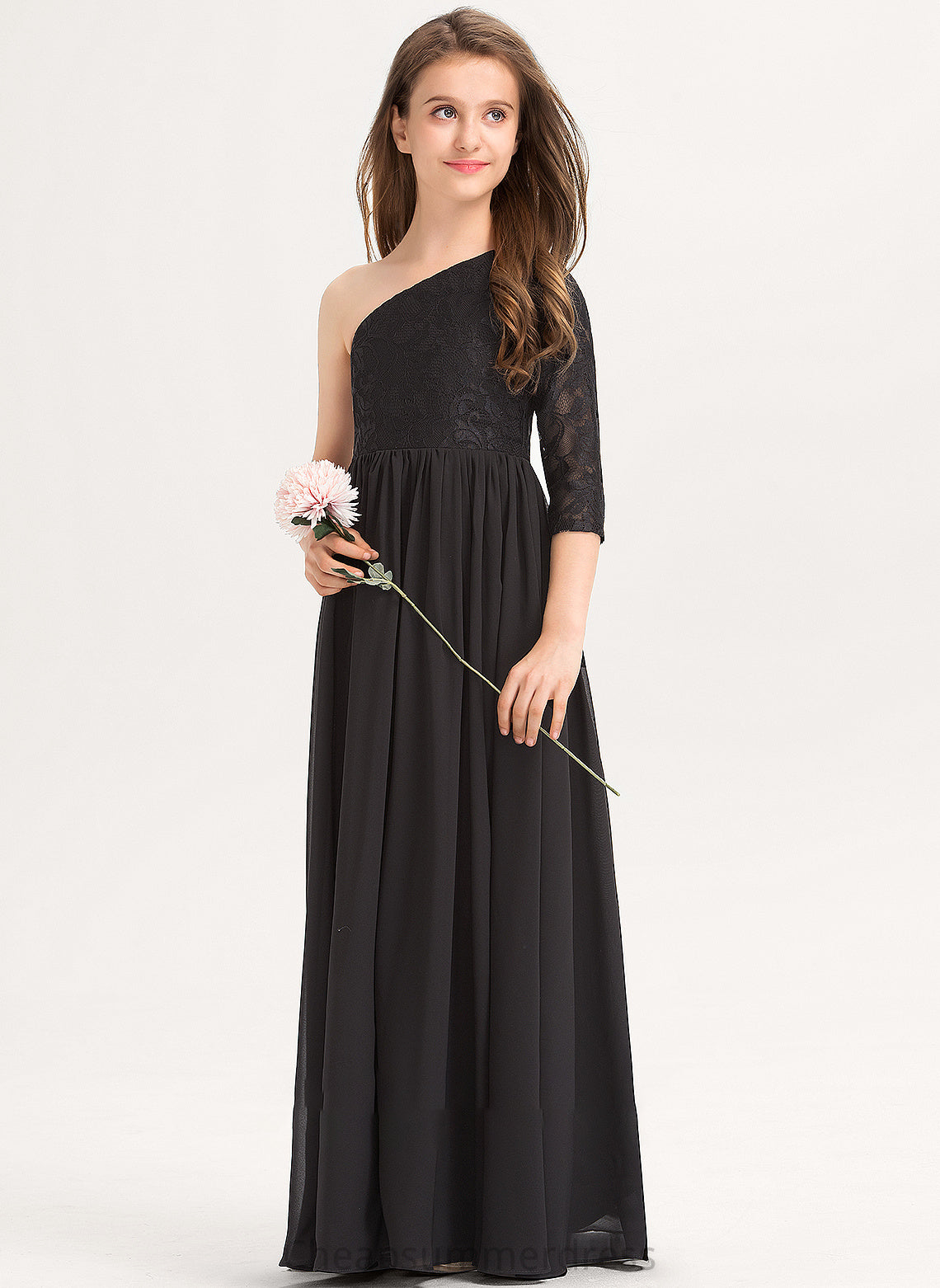 Zoey Floor-Length Lace One-Shoulder A-Line Junior Bridesmaid Dresses Chiffon
