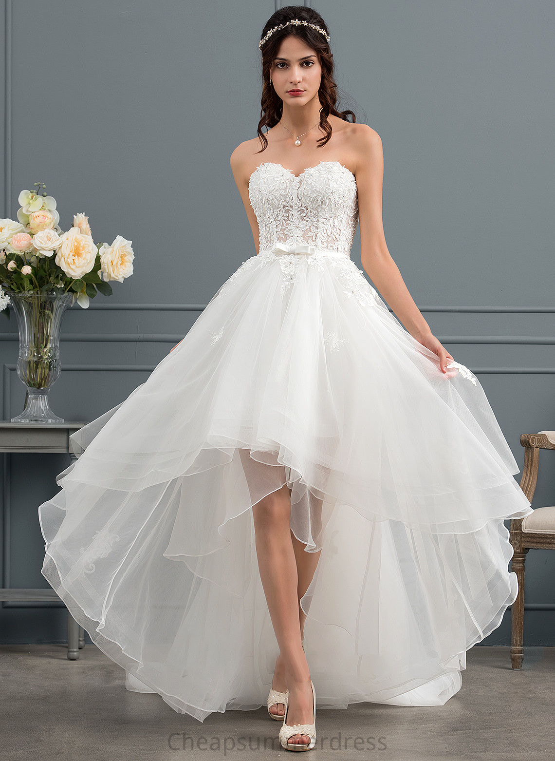 Tulle Bow(s) Janae Beading Wedding Dresses Dress Asymmetrical With Sweetheart A-Line Wedding Sequins