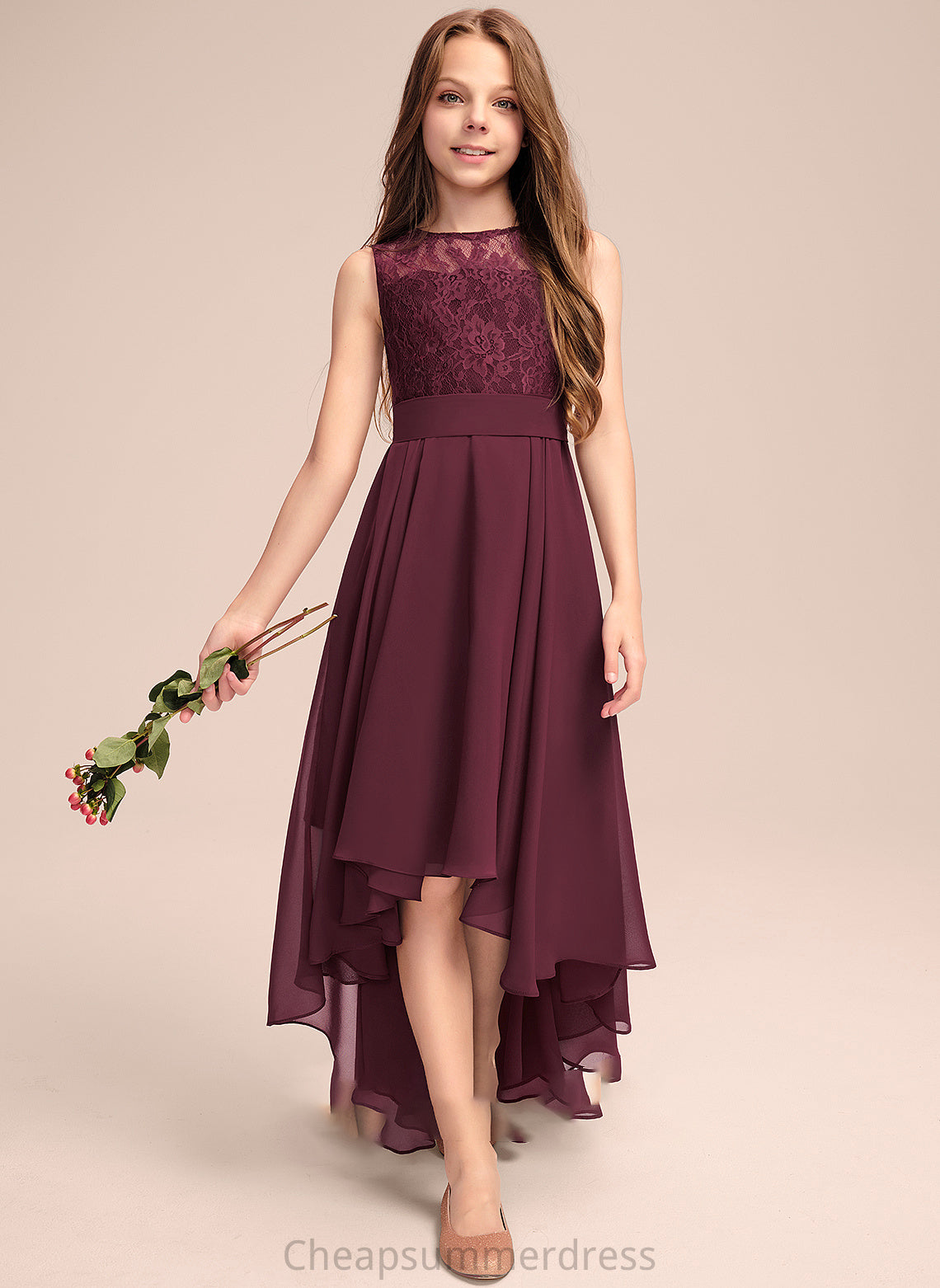 Chiffon With Bow(s) Jayden A-Line Neck Junior Bridesmaid Dresses Lace Asymmetrical Scoop