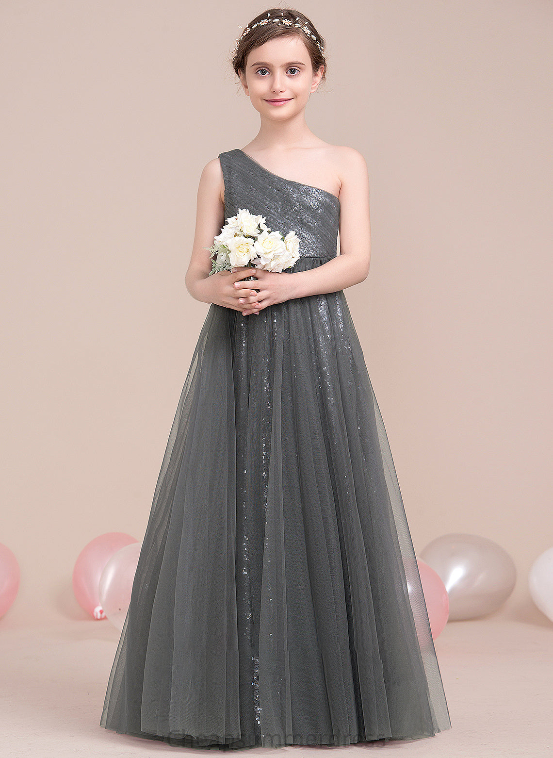 Floor-Length Ruffle Sequined With One-Shoulder Alma A-Line Junior Bridesmaid Dresses Tulle