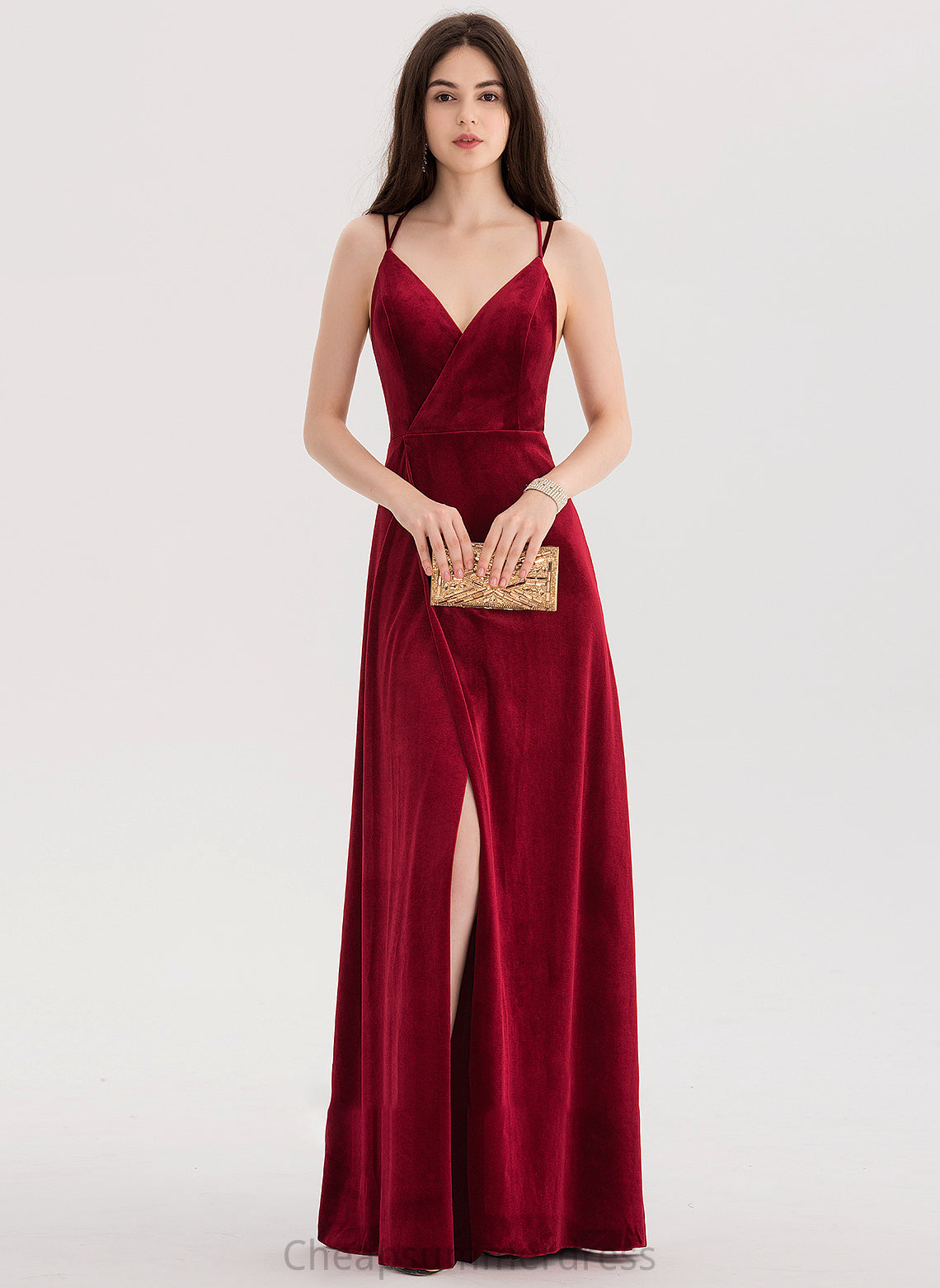 A-Line Prom Dresses Split Velvet With Front V-neck Kailyn Floor-Length