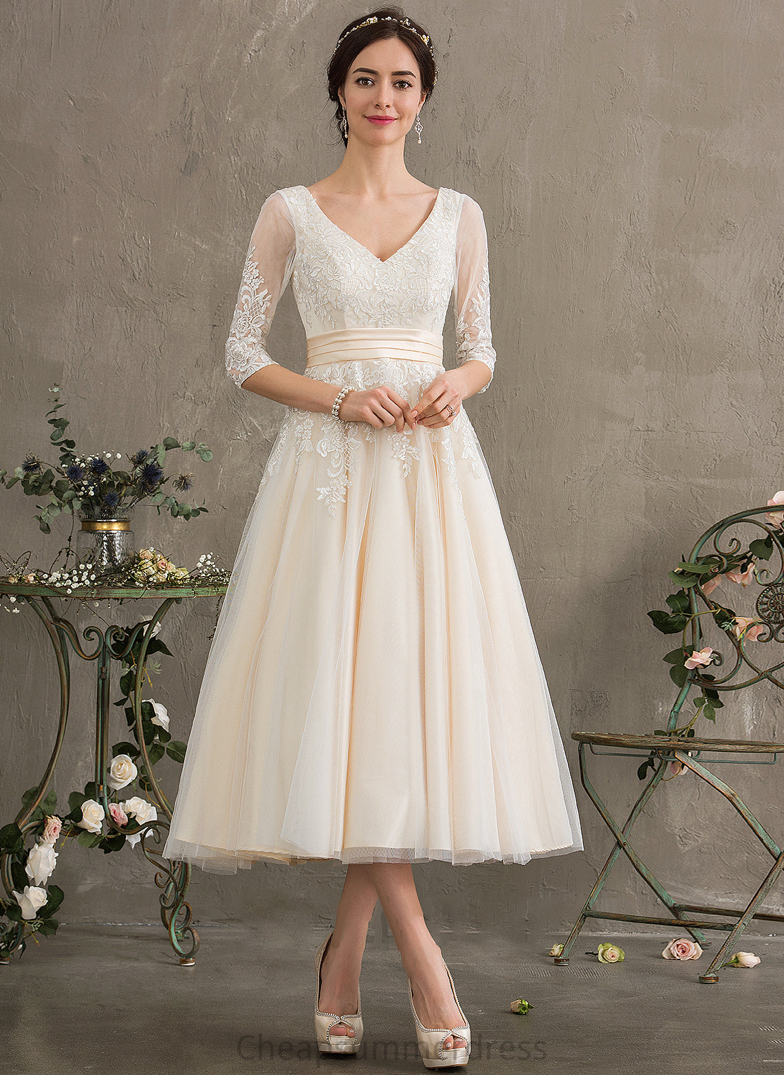 Dress Tulle V-neck Wedding Tea-Length Aryanna Wedding Dresses Ball-Gown/Princess