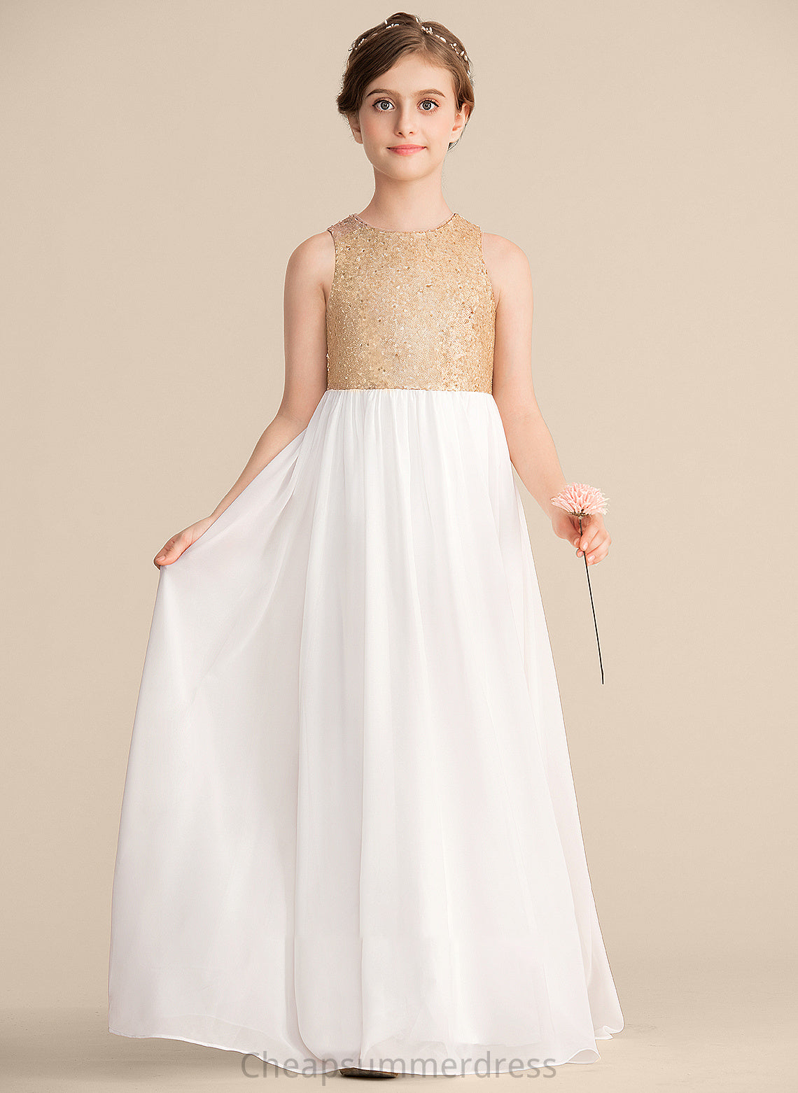 Junior Bridesmaid Dresses Chiffon Scoop Sanai Neck Sequined A-Line Floor-Length