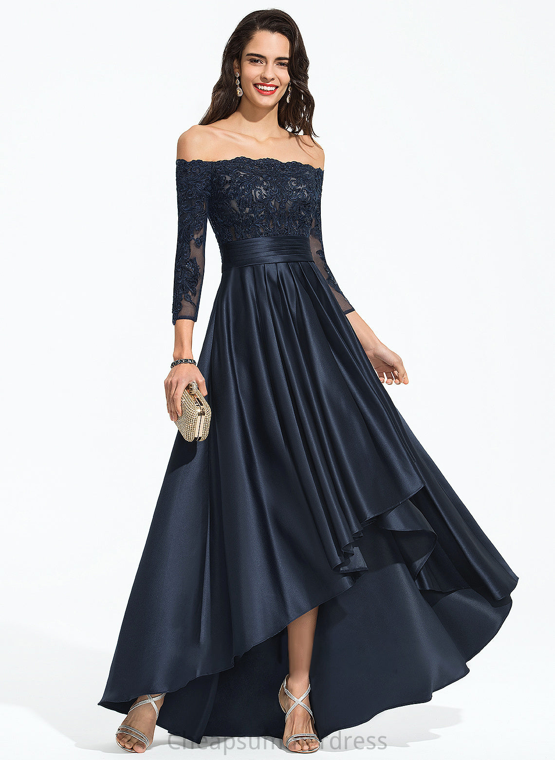 Off-the-Shoulder Prom Dresses Lila Ruffle Satin Sequins Asymmetrical A-Line With