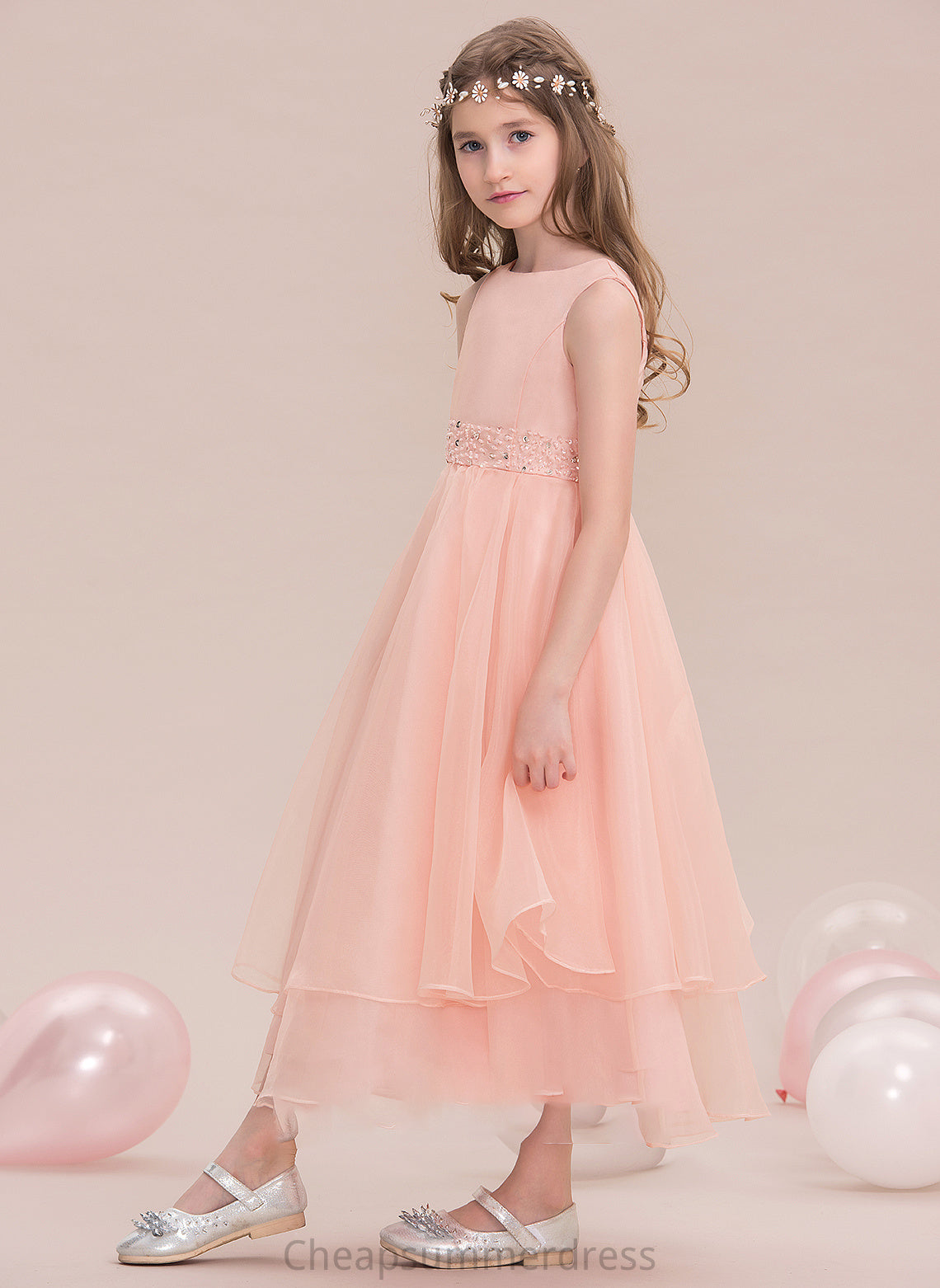 Neck Beading Scoop A-Line Organza Kristin Junior Bridesmaid Dresses Sequins With Ankle-Length