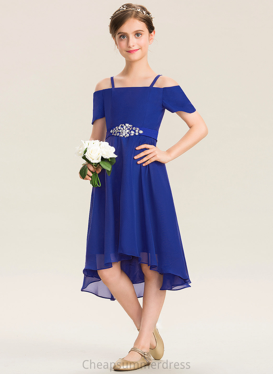 Asymmetrical Junior Bridesmaid Dresses Beading Kayley A-Line Chiffon Off-the-Shoulder With Bow(s)