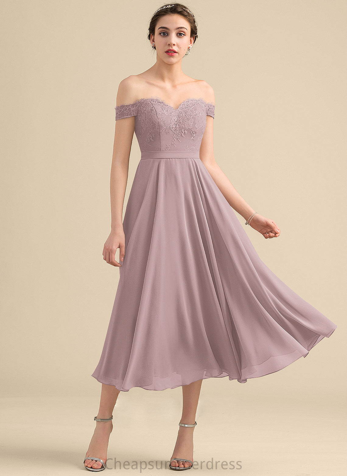 Fabric Tea-Length A-Line Beading Embellishment Off-the-Shoulder Length Neckline Silhouette Sequins Sloane Floor Length