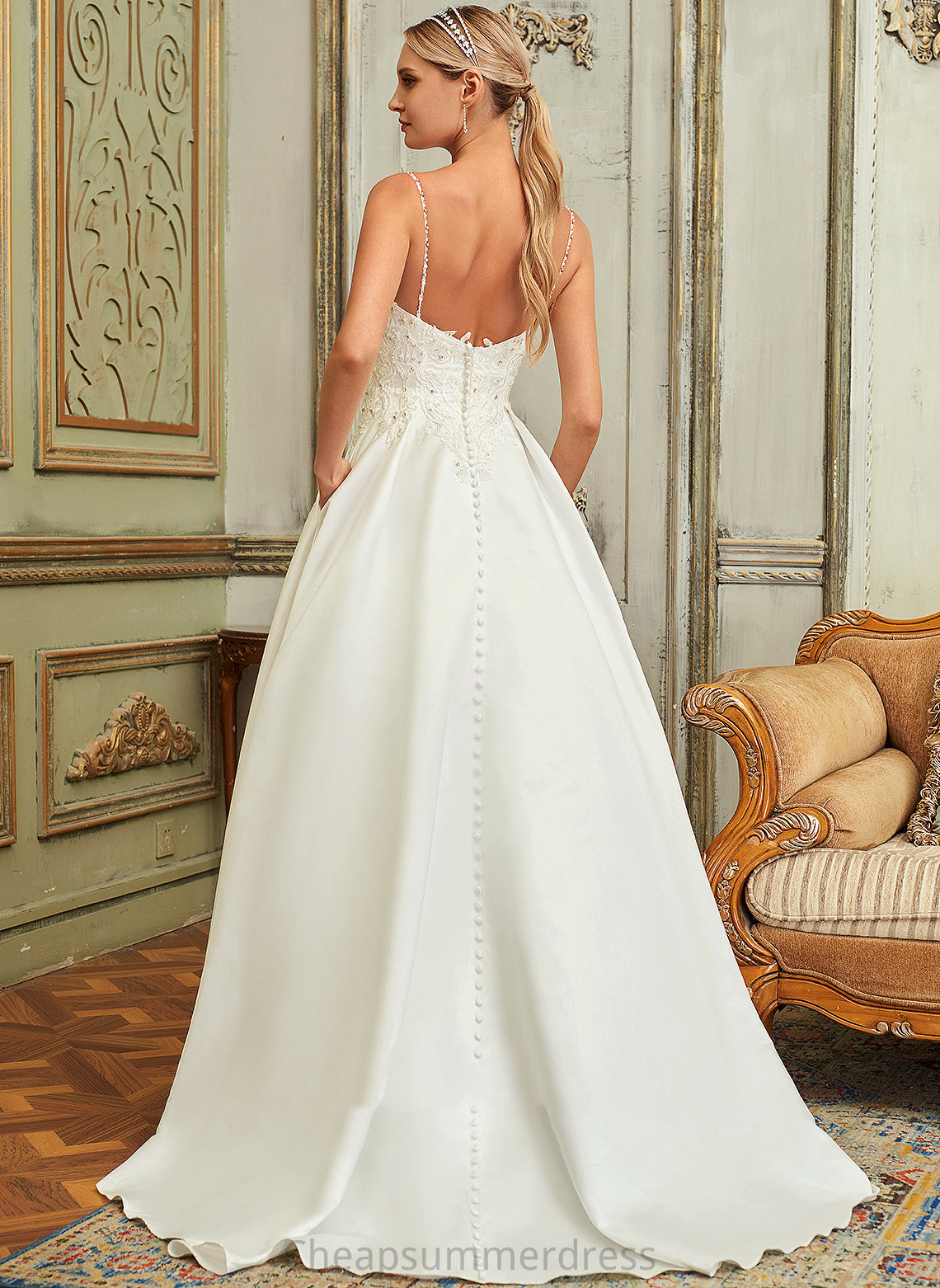 Sweep Lace Wedding With Satin Ball-Gown/Princess V-neck Train Beading Sequins Dress Lace Aniyah Wedding Dresses Pockets