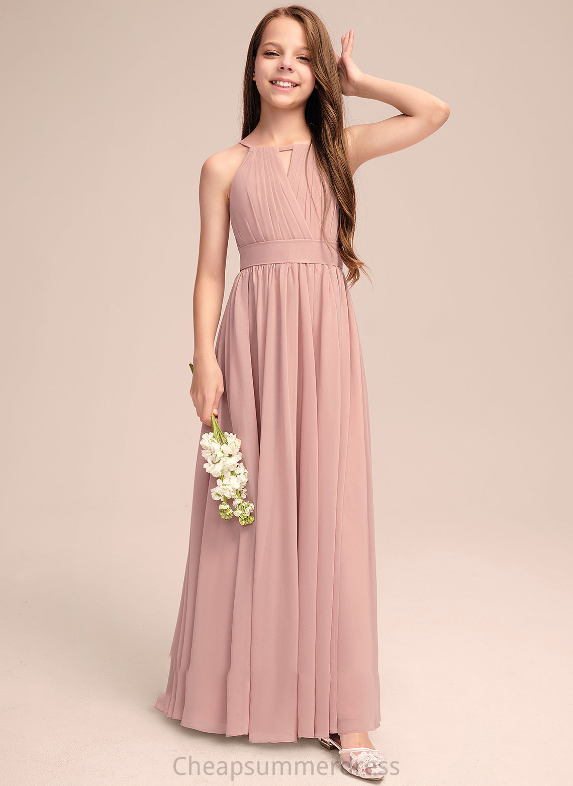 Neck Lilly With Floor-Length Bow(s) Ruffle A-Line Chiffon Scoop Junior Bridesmaid Dresses