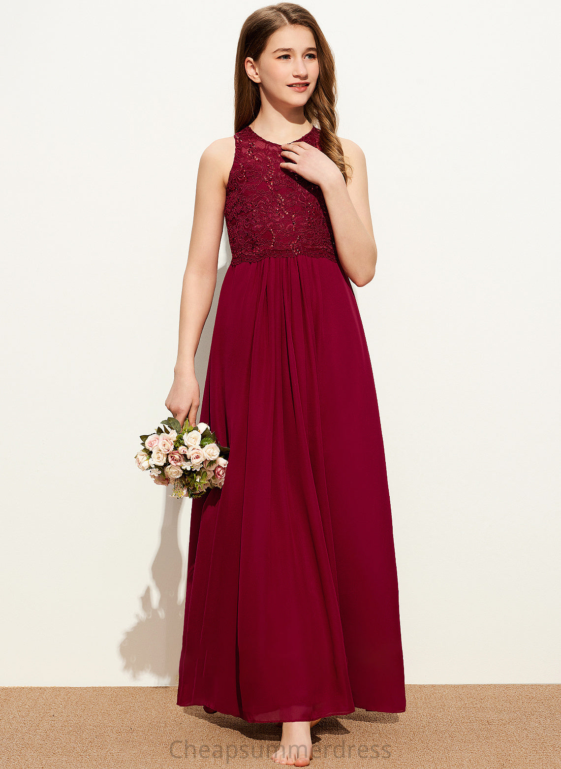 With Chiffon Scoop Junior Bridesmaid Dresses Lace A-Line Sequins Floor-Length Megan Neck