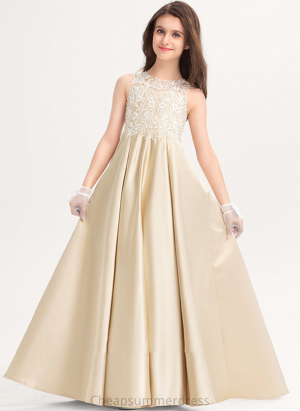 Satin Scoop Lace Neck Floor-Length Brynn Junior Bridesmaid Dresses Ball-Gown/Princess