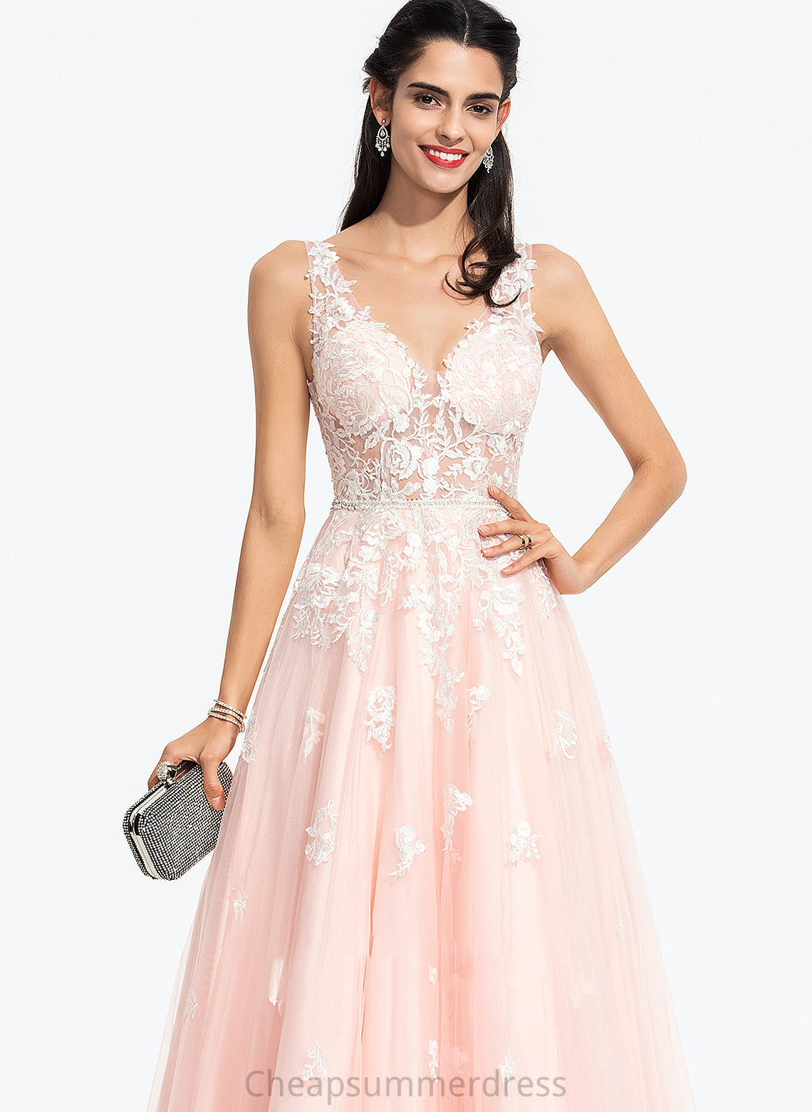Beading Sequins Prom Dresses Tulle Ball-Gown/Princess With Sarah Floor-Length V-neck
