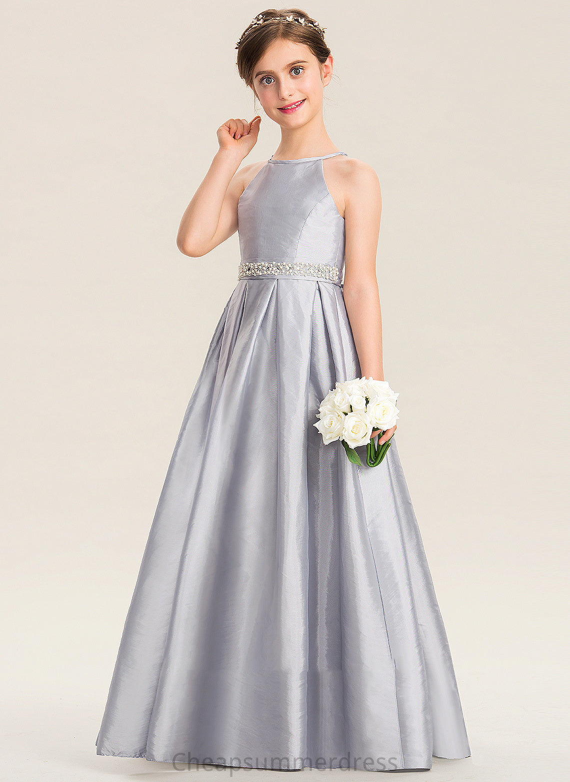 Alani Scoop Neck Taffeta Bow(s) With Floor-Length A-Line Beading Junior Bridesmaid Dresses