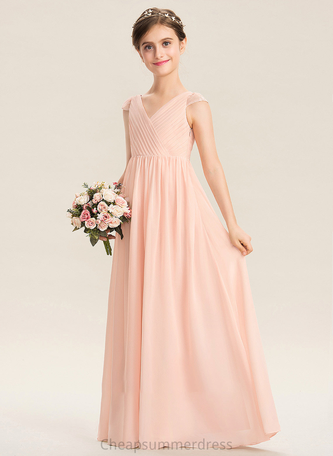 V-neck Chiffon A-Line Lace Isabelle Junior Bridesmaid Dresses Ruffle With Floor-Length