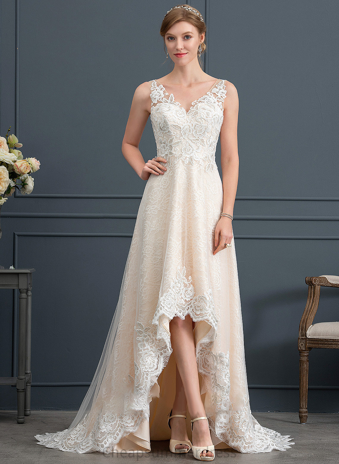 With Dress Wedding Tulle Wedding Dresses V-neck Asymmetrical A-Line Morgan Lace