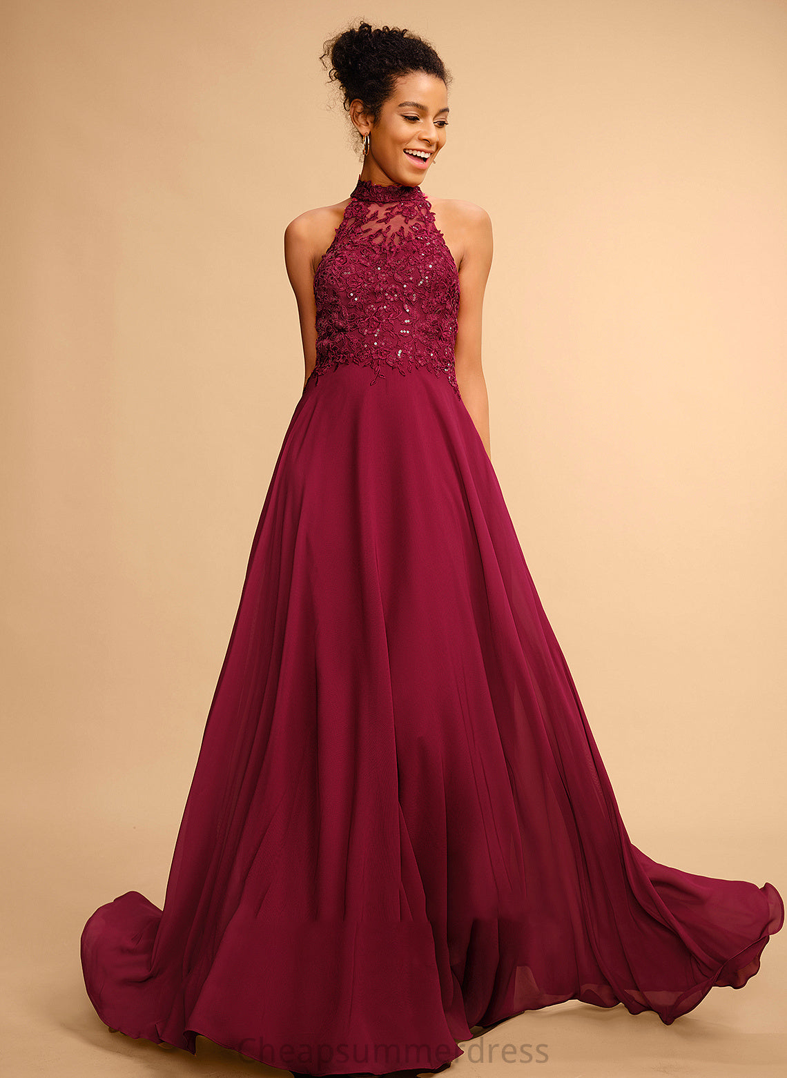 Floor-Length Halter Sequins Prom Dresses A-Line Lace With Chiffon Lilly