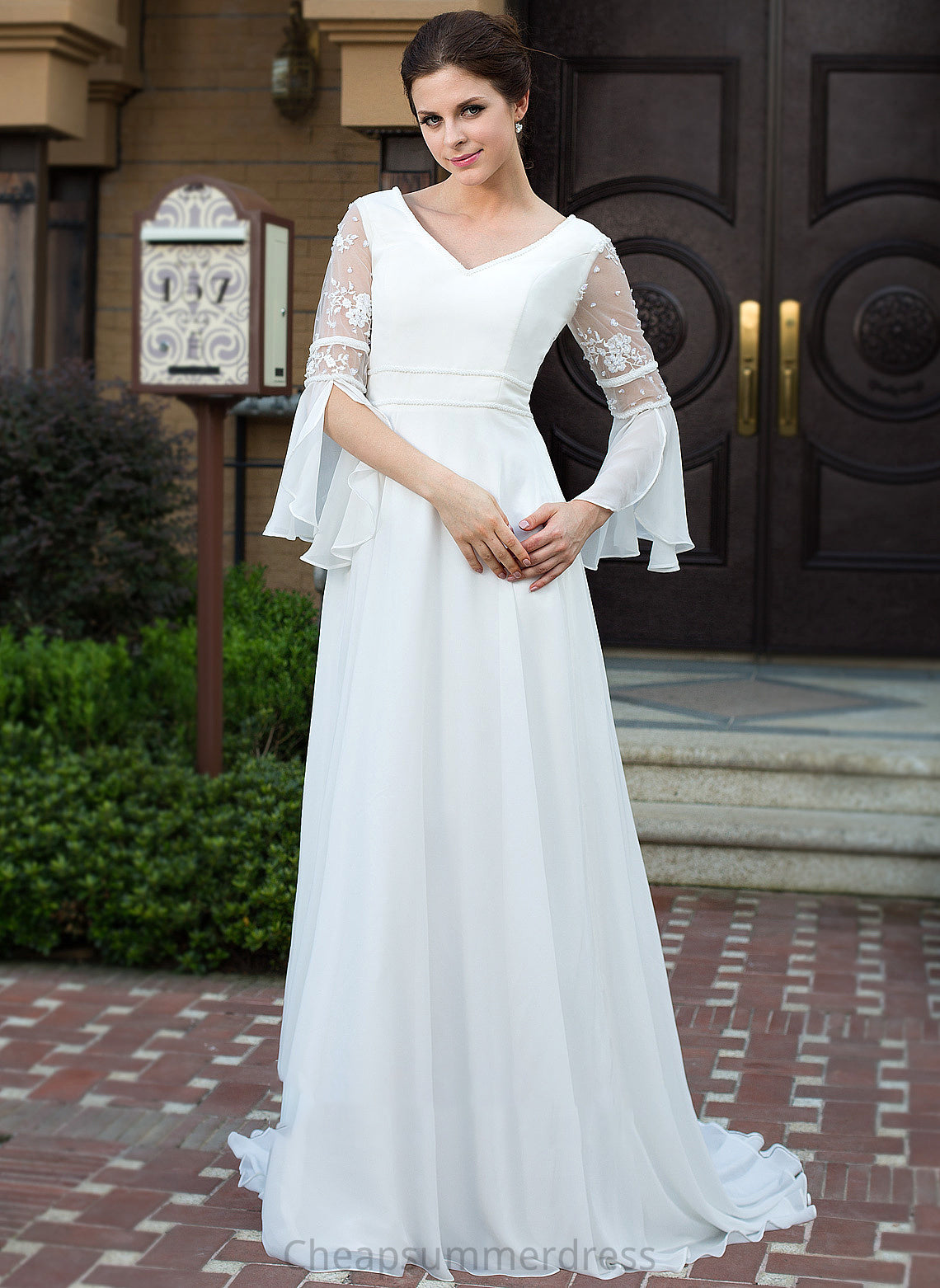 With Lace Chiffon Train Wedding Allie Dress A-Line Wedding Dresses Court Beading V-neck