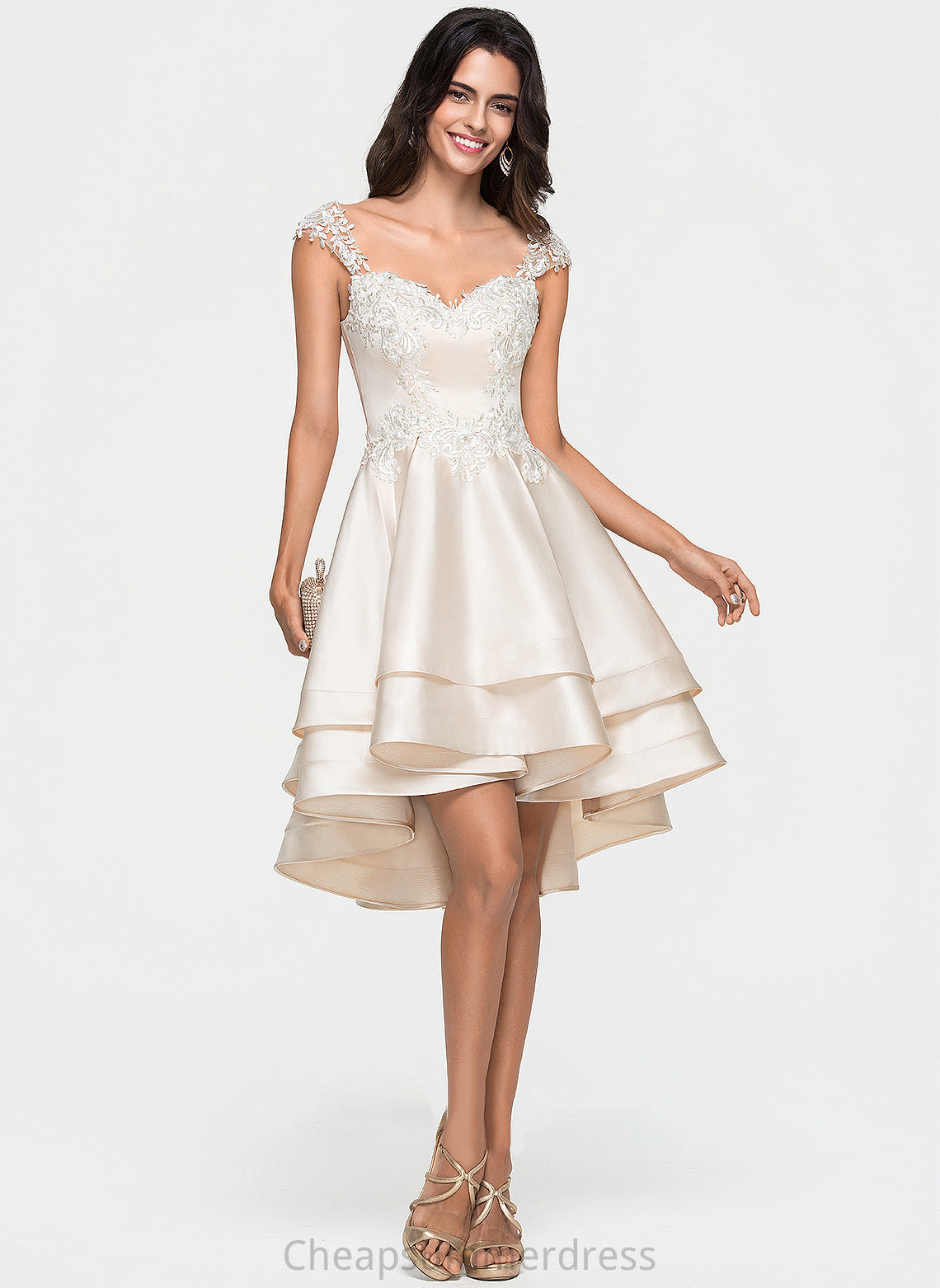 Ruffles Beading Lace Cascading A-Line Satin With Asymmetrical Sweetheart Carlie Prom Dresses