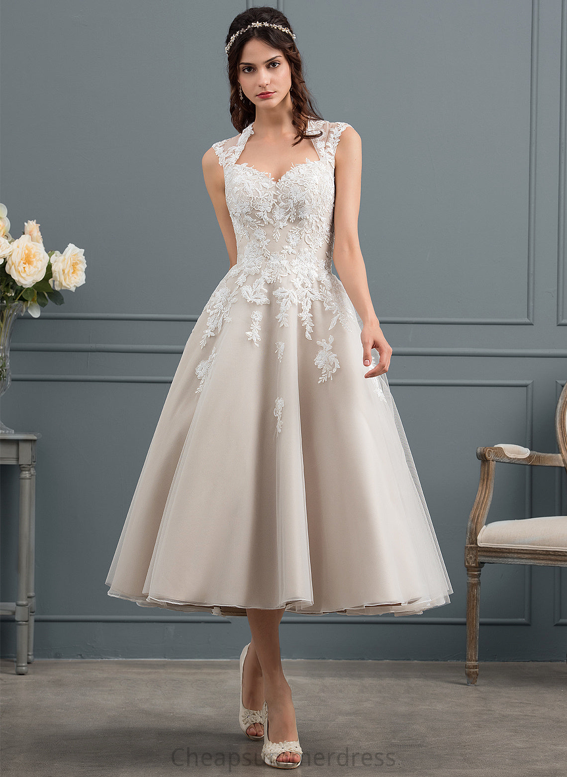 Sweetheart Sequins Tea-Length With Tulle Ball-Gown/Princess Dress Wedding Evie Wedding Dresses