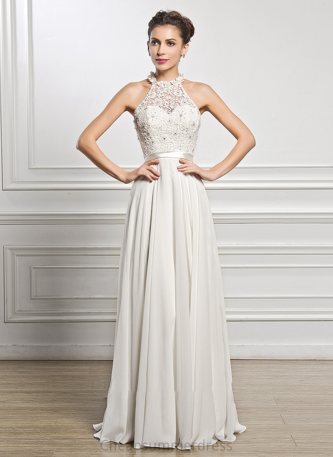 With Dress A-Line Livia Floor-Length Sequins Wedding Wedding Dresses Neck Chiffon Beading Scoop